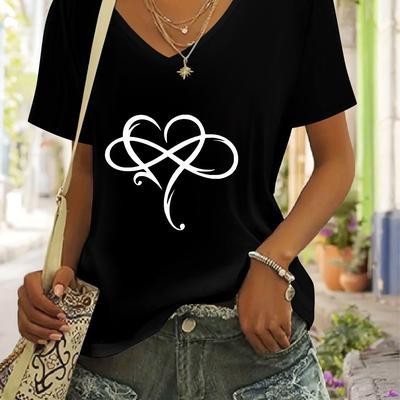 TEMU Women's Casual Black V-neck T-shirt With White Heart & Infinity Symbol Print - , Versatile Top, Casual Wear | Heart Print Top | Print, Ladies T Shirts Image