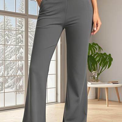 TEMU Women' High-waisted Gray Wide-leg Yoga Pants - Elegant Knit Fabric, Medium Stretch, Pockets, Fitness, Yoga, And Casual Wear, Casual Wear Pants|elegant Wide Leg Pants|stretchy Fabric Image