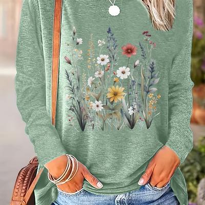 TEMU Women's Casual Long-sleeve Floral Print Top - , Relaxed Fit, Knit Polyester, Spring/fall, Everyday Top|floral Print Top|knit Construction Image