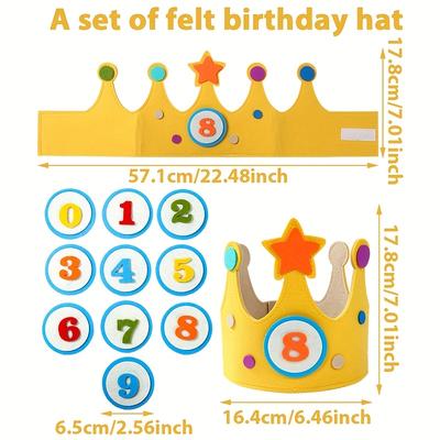 TEMU 1set, Yellow Felt Crown Birthday Hat, With Interchangeable Numbers 0-9, Adjustable Felt Birthday Crowns, Birthday Party Decor Felt Birthday Hat, Hats, Happy Birthday Decoration Image