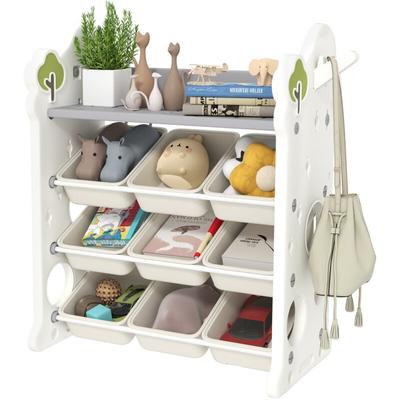 Kinderregal 4-Stufiges Spielzeugregal mit 9 Herausnehmbaren Boxen, Ablage, Haken, Kinderzimmerregal Image