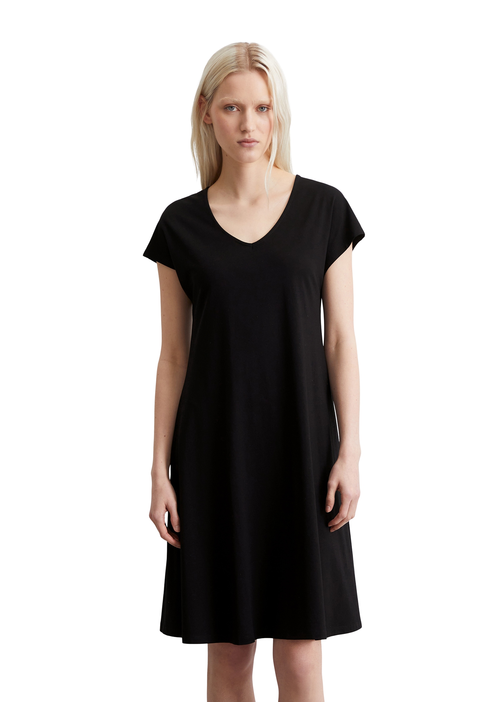 Jerseykleid MARC O'POLO, Damen, Gr. S, N-Gr, schwarz, Single Jersey, Obermaterial: 48% Baumwolle, 48% Modal, 4% Elasthan, A-Linie knieumspielend, V-Ausschnitt, Kleider Jerseykleid