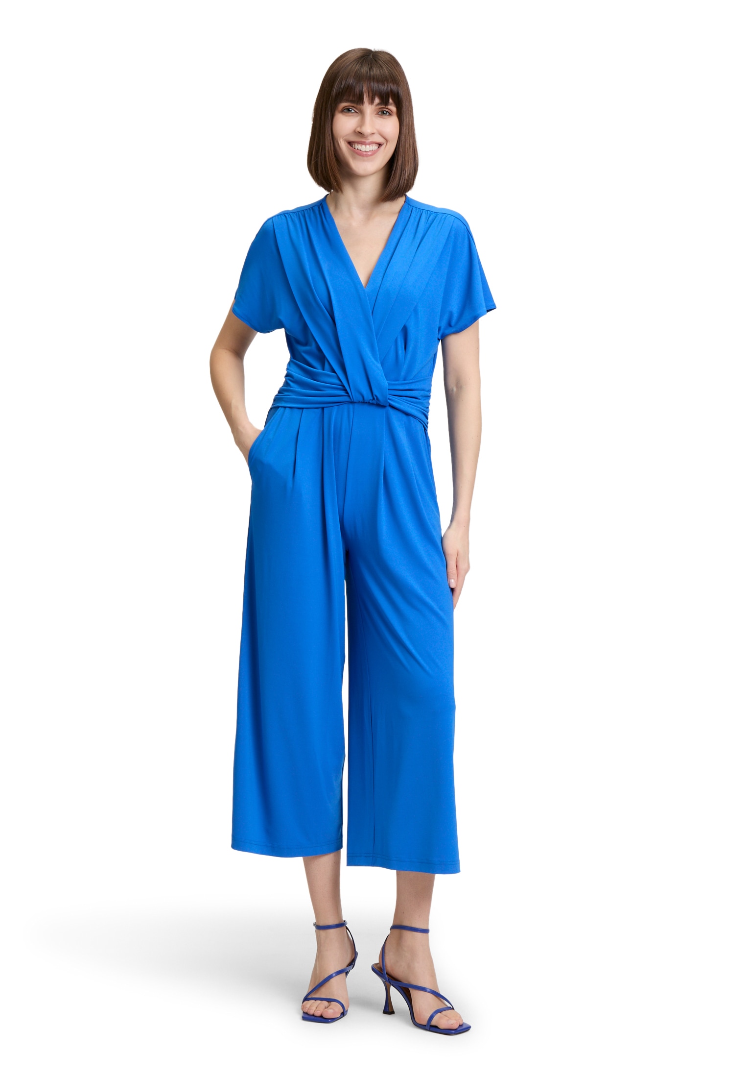 Overall BETTY BARCLAY "Damen mit Eingrifftaschen", Damen, Gr. 40, Normalgrößen, blau (mittelblau), Jersey, Obermaterial: 95% Polyester, 5% Elasthan, figurumspielend, V-Ausschnitt, Overalls Overall, Form
