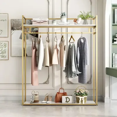 Heavy Duty Clothing Rack with Shelves for Hanging Clothing, Gold Metal Freestanding Garment Rack,