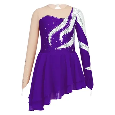 Kids Girls Rhinestone Sequins Figure Skating Dress Ballet Gymnastics Leotard Dress Ballroom