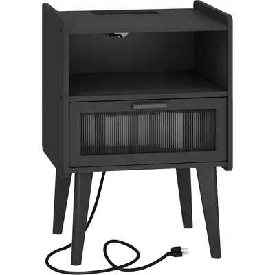 Nightstand with Charging Station, Bedside Tables, End Table Side Table with 2 Tiers Storage Space,