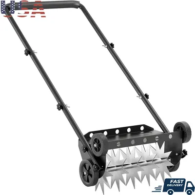 18 Inch Heavy Duty Lawn Aerator Manual Tool with Steel Handle 4 Wheels Spike Aerator Efficient Soil
