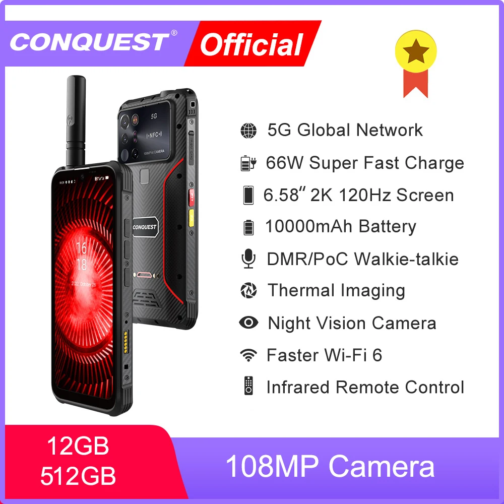 CONQUEST S23 5G Network108MP caméra 12GB 512GB 66W imagerie thermique 5G IP68 étanche NFC Smartphone