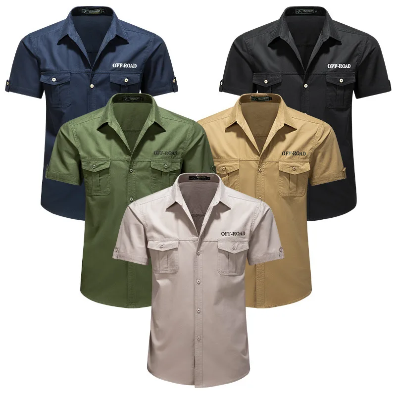 2025 Nuova camicia casual da uomo versatile moda verde militare estiva, camicie cargo da uomo in cotone traspirante a maniche corte slim kaki