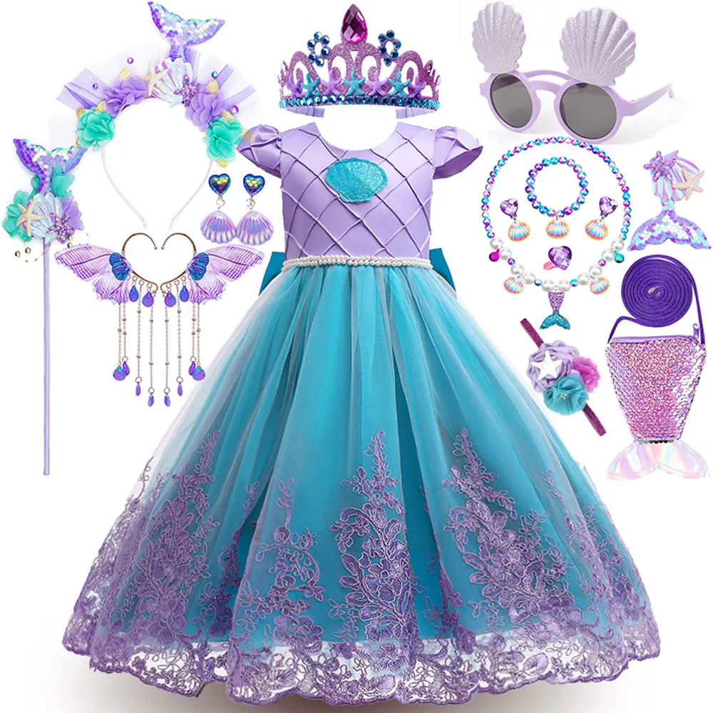 2026 Disney Neues Meerjungfrauen-Kostüm mit Lila Tüllrock für Mädchen, Elegantes Sommer-Strandparty-Kleid + Zubehör-Set