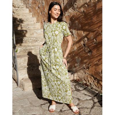 Threadbare Women's Khaki Green Paisley Print Ruched Waist Jersey Midi Dress