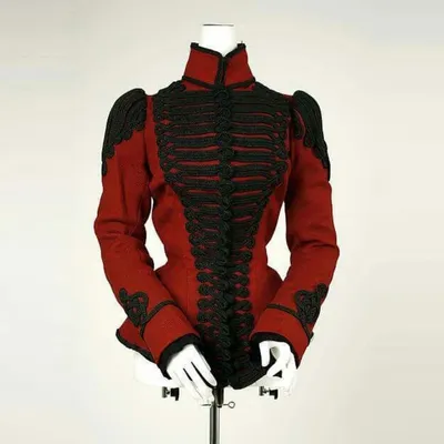 Rote Hochzeitsjacke der 1890er Jahre für Damen, Gothic, Steampunk, schwarzes Geflecht, Uniform, Image