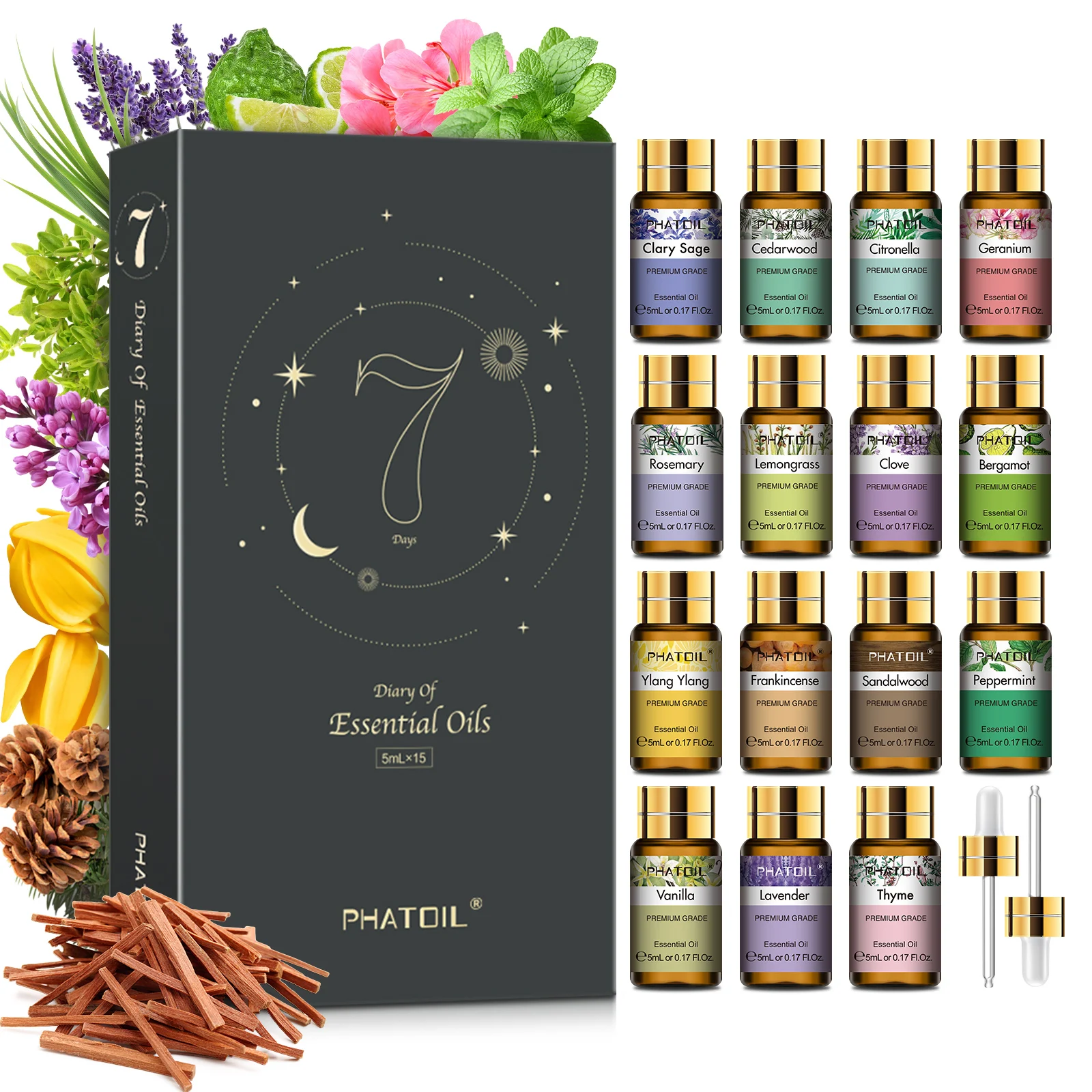 PHATOIL 15 Flaschen ätherisches Öl-Set für die Kerzenherstellung, Diffusor – 5 ml, Lavendel, Vanille, Zitronengras, Sandelholz, Aroma, ätherische Öle Image