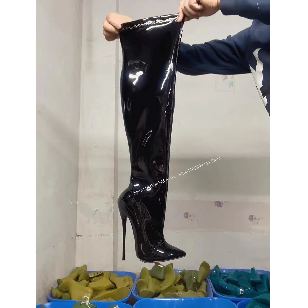 Schwarz Glitter Leder Kniehohe Stiefel Thin High Heel Spitz Mode Sexy 2025, Winter Große Größe Frau Schuhe Zapatillas Mujer Image