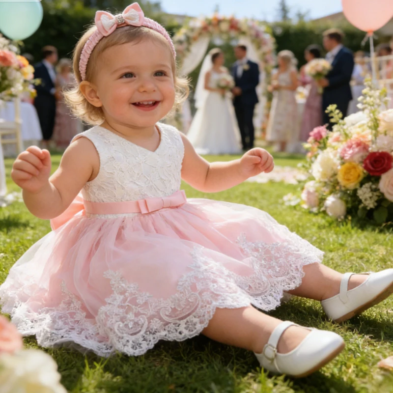 Weißes Taufkleid für Mädchen, Brautjungfernkleider für Hochzeit, Abschlussballkleid, große Schleife, elegante Mädchenkleider, rotes, bauschiges Weihnachtskleid