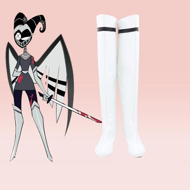 Hazbin Laute Perücke Engel Cosplay Kostüm Schuhe Hotel Kampf Stiefel Halloween Karneval Phantasie Party weiße Farbe Anime Cosplay Requisiten