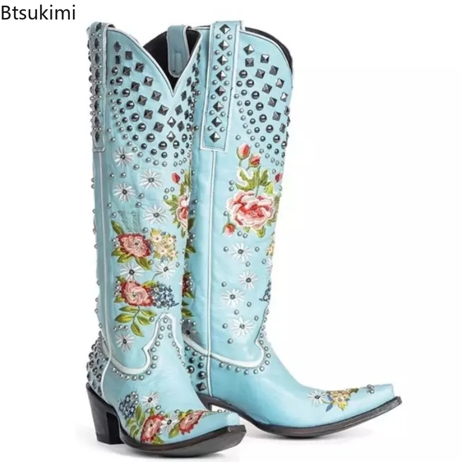 Neue 2026 Bestickte Nieten Western Cowboy Damenstiefel Spitze Zehe Quadratische Absätze Vintage Ritterstiefel Cowgirl-Stiefel Damenschuhe