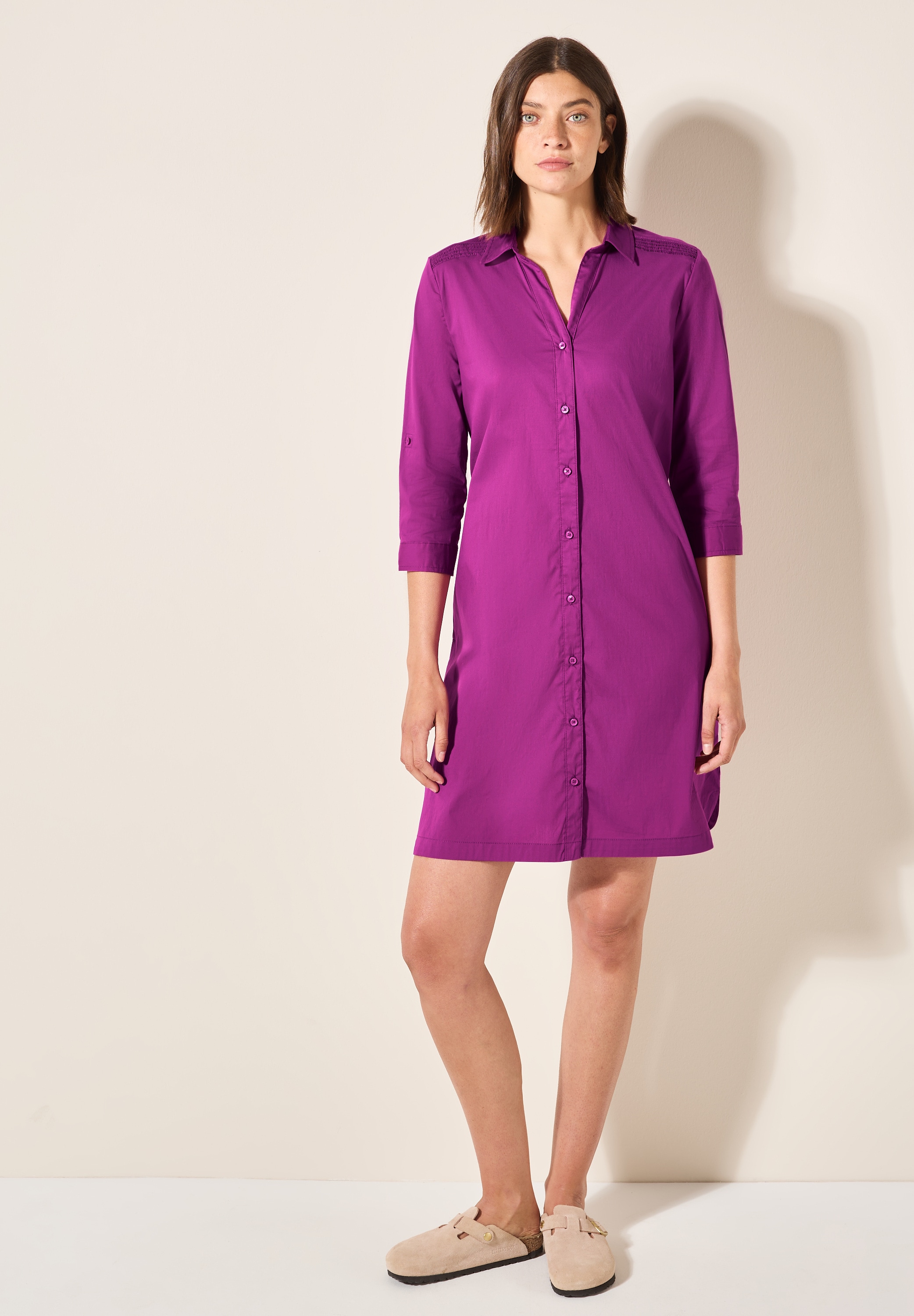 Blusenkleid CECIL, Damen, Gr. XL (44), US-Größen, rosa (anemone pink), Web, 74% Baumwolle, 24% Polyamid, 2% Elasthan, unifarben, gerade knielang, V-Ausschnitt, Bündchen, Kleider Blusenkleid, knielang