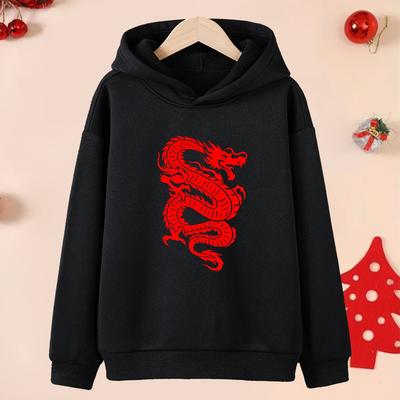 TEMU Happy New Year Dragon Print Boys' Fleece Hoodie - Cozy & Stylish Long Sleeve Pullover For Fall/winter, Machine Washable Image
