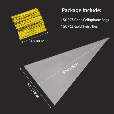 TEMU 150pcs Cone Cellophane Bags, Clear Cone Shaped Bags With 150pcs Golden Twist Ties, Christmas Plastic Cone Bags Triangle Bags For Popcorn Favor Candy Image