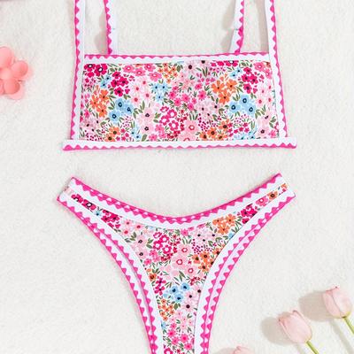 TEMU Ditsy Floral Print Contrast Trim Tie Back 2 Piece Set Bikini Swimsuits, Women's Swimwear & Clothing Image