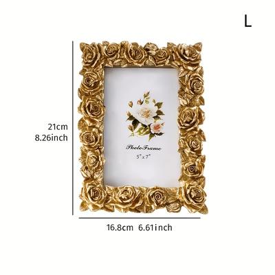 TEMU 1pc Style Embossed Rose Photo Frame, Polished Plastic Tabletop Picture Frame, Lightweight Single Frame With Vertical Orientation, Oblong Shape For Desk Decor Image