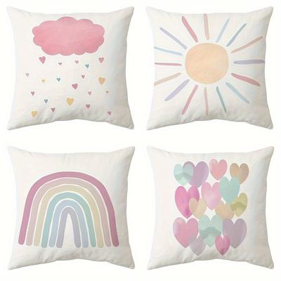 TEMU Set Of 4 Pillow Covers For Kids' Rooms, Featuring Sun . Ideal For Living Room Sofas And , Cushion Covers Are Made From Polyester, Do Not Pillow Inserts, And Have A Zipper Closure. Image