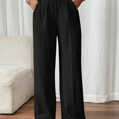 TEMU Elegant Solid Color Polyester 95% Knit Fabric Long Pants For Women, Spring/fall Casual Straight Leg Trousers With Pockets, Regular Fit, No Belt Required, 220gsm - Ideal For Image
