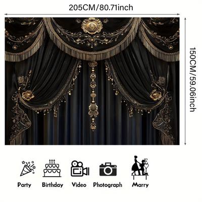 TEMU 1pc Elegant Black And Golden Curtain Backdrop Banner - Luxurious Polyester Party Decoration With Patterns For Live Streaming, Birthdays, Anniversaries - Indoor/outdoor Wall Decor Image