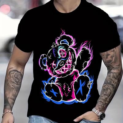 TEMU Men's Casual 3d Printed T-shirt -100% Polyester Crew Neck T-shirt With A Bit Of Stretch - Regular Summer Short Sleeve Knitted Fabric Top With Cartoon , Suitable For Wear And Vacation Image