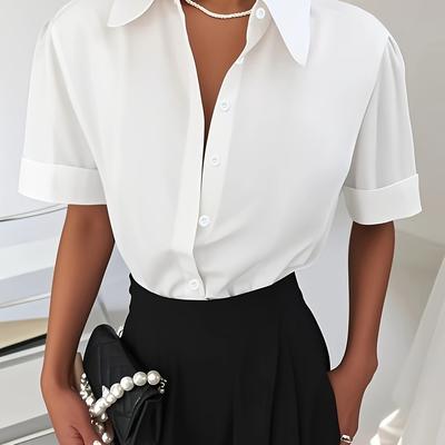 TEMU Women's Casual Beige Short Sleeve Button-up Shirt With Lapel Collar - Solid Color, Relaxed Fit, Front Buttons, Lightweight Polyester Fabric, Casual Attire, Ladies Shirt Image