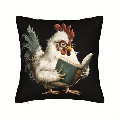 TEMU Chicken Reading Book Throw Pillow Cover - Decorative Sofa Cushion With Zipper Closure, Machine Washable Polyester, Contemporary Style For Living Room Home Decor Image