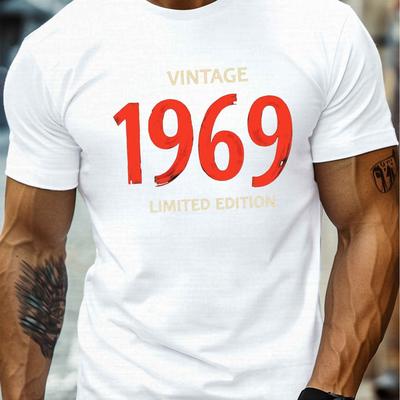TEMU Men's 1969 Vintage Graphic Tee - Casual Crew Neck Short Sleeve T-shirt, Lightweight Summer Top, White With Red Print, Polyester , Machine Washable Image