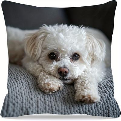 TEMU 1pc Bichon Frise Theme 18x18 Inch Pillow Cover - Double-sided Print, Polyester, Zipper Closure, Machine Washable - Sofa, Couch & Farmhouse Decor, Cozy Contemporary Style, Decorative Pillows Image
