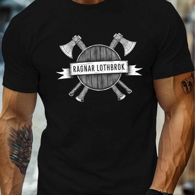 TEMU 1pc Lothbrok Standard Print T-shirt - Men's Casual Crew Neck Short Sleeve Tee, Polyester Knit Fabric With Stretch, Geometric Pattern, Regular Fit For Summer Image