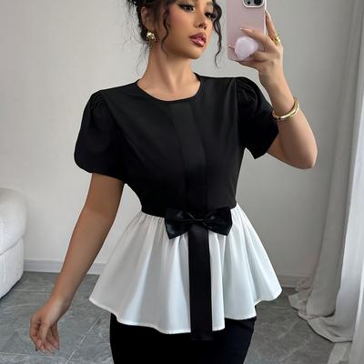TEMU Elegant Black & White Contrast Pleated Waist Peter Pan Collar Blouse With Bow Detail - Chic 2-in-1 Stylish Shirt For Women, Office Or Casual Wear Image