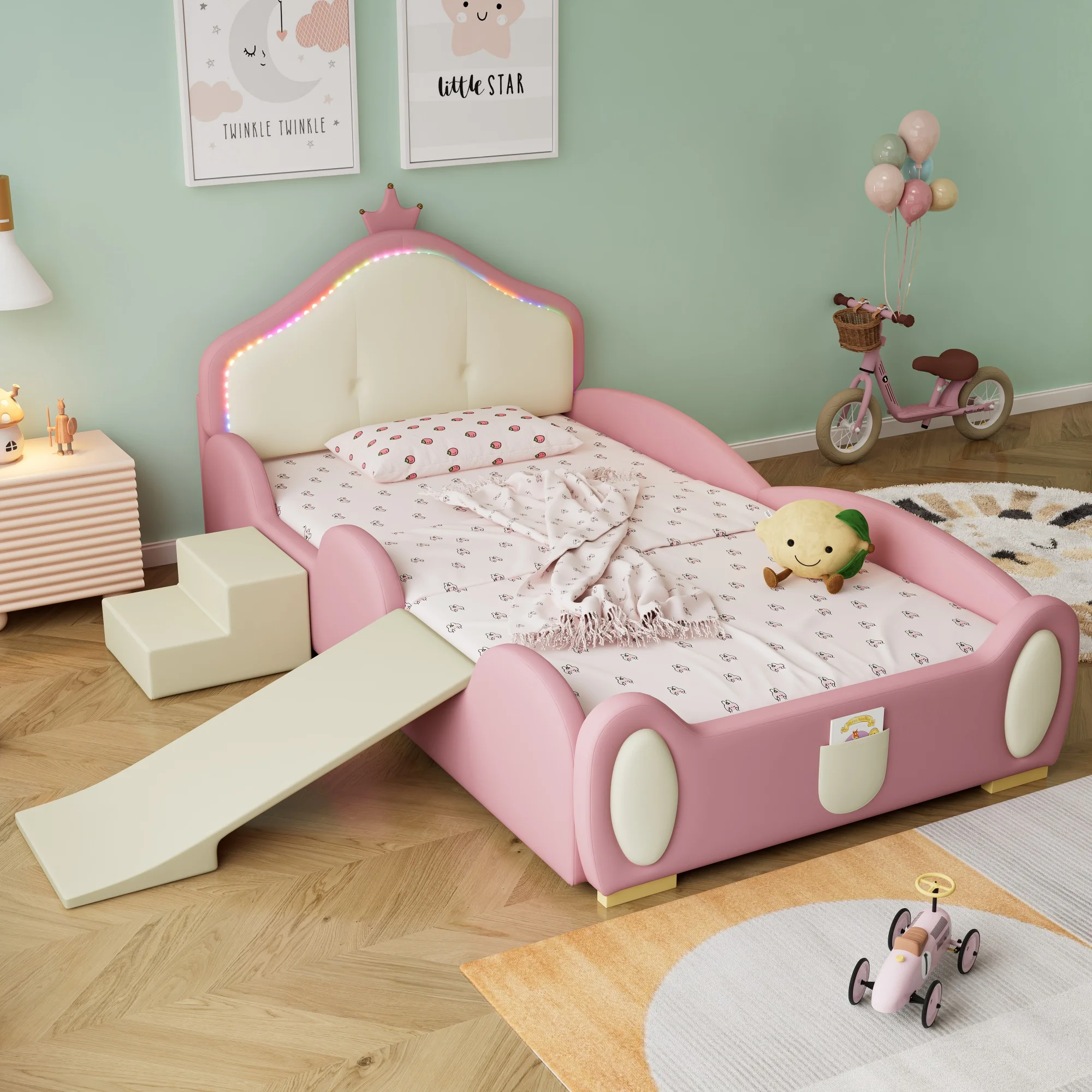 Soft Bed Kinderbett 90x200cm, Kronen-Cartoon-Bett mit bunten LED-Lichtern, mit kleiner Rutsche, mit schützender Soft-Edge-Stufe