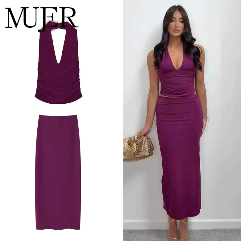 MUJER 2025 Damen-Rock, 2-teiliges Set, Neckholder-Crop-Top, weiblich, hohe Taille, Midi-Röcke, Sets für Frauen, rückenfreie Tops, zweiteiliges Outfit Image
