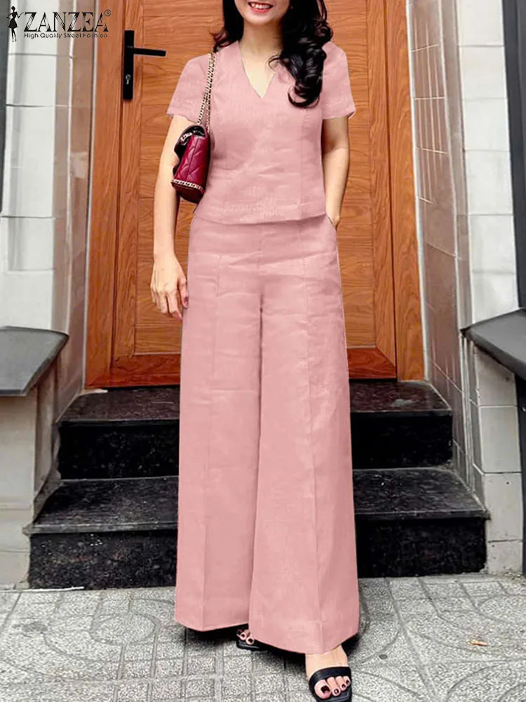ZANZEA 2PCS Frauen Sommer Hose Sets Elegante Kurzarm Bluse Hosen Casual Solide Arbeit Trainingsanzüge 2025 Mode Passenden Sets Image