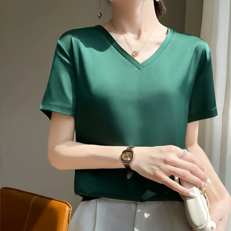 Frauen Sommer Simulation Seide Hosenträger V-ausschnitt T-shirt Lose Übergroßen Top Einfarbig Vielseitig Stil YTM D05 Image