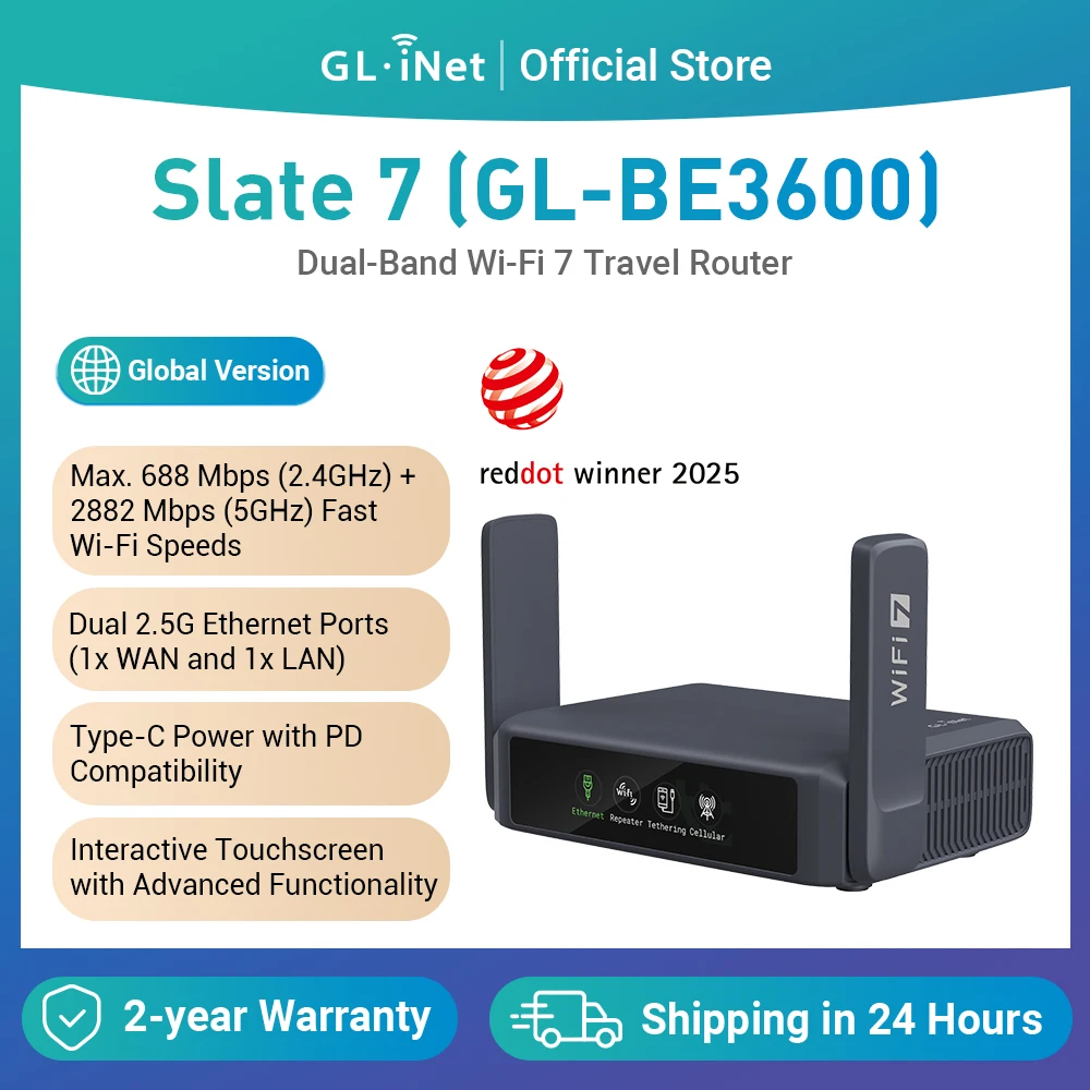 GL.iNet GL-BE3600 (Schiefer 7) Wi-Fi 7 Router, zwei 2,5G-Ports, Touchscreen, 3570 Mbit/s Gaming-Hotspot, VPN für Öffentlichkeit und Hotel Image