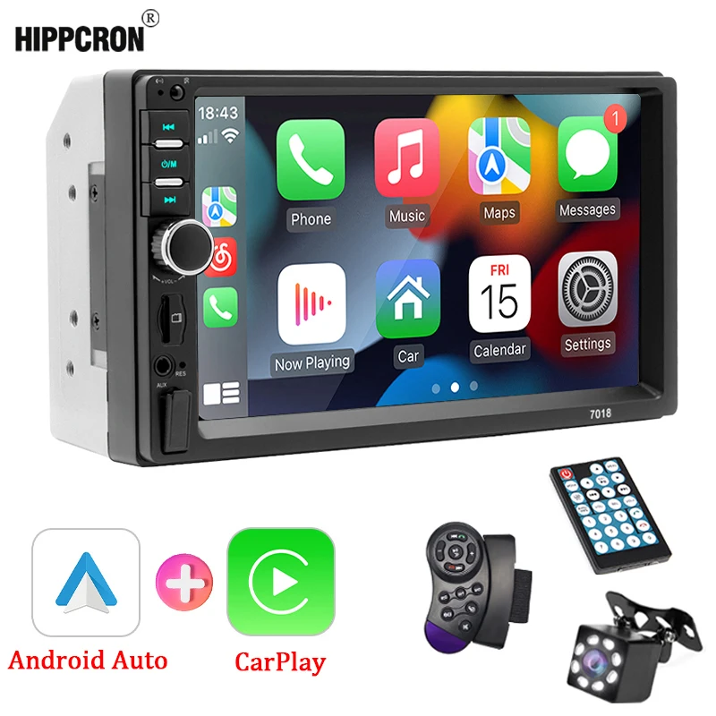Hippcron 7-Zoll-Autoradio 2 DIN-Stereo-Empfänger Multimedia-Audio MP5 FM USB TF HD-Player mit kabelgebundenem Carplay und Android Auto Image