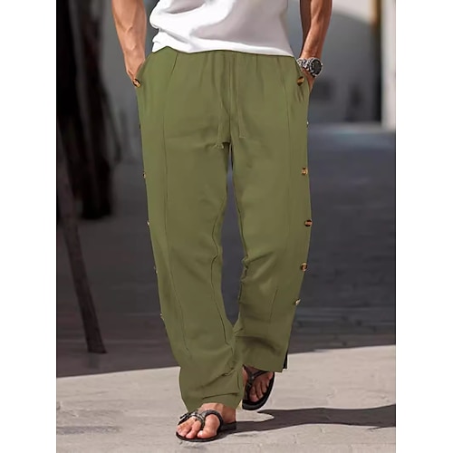 Herren Leinenhosen Hose Sommerhose Strandhose Tasche Kordelzug Elastischer Bund Einfach Komfort Atmungsaktiv Volle Länge Urlaub Täglich Ferien Hawaiianisch Boho Armeegrün Schwarz Image