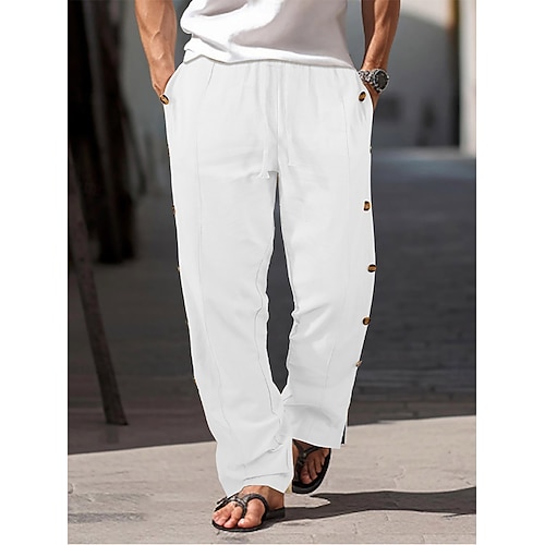 Herren Leinenhosen Hose Sommerhose Strandhose Tasche Kordelzug Elastischer Bund Einfach Komfort Atmungsaktiv Volle Länge Urlaub Täglich Ferien Hawaiianisch Boho Armeegrün Schwarz Image