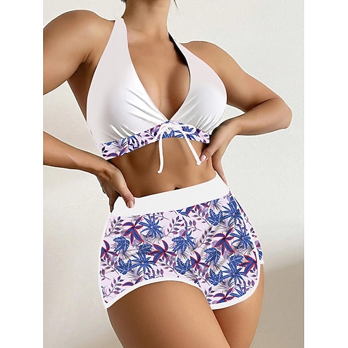 Damen Bikini 2-teiliges Badeanzug Palm Shorts Rückenauschnitt Slim Urlaub Strandmode Floral Halter Trägerlos Ärmelloses Badeanzug Image