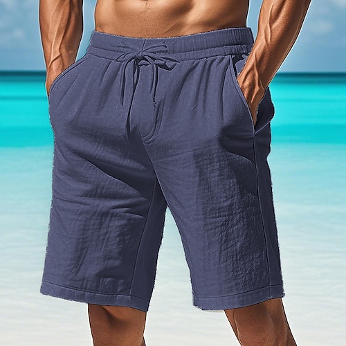 Herren Shorts aus Baumwollleinen Tasche Kordelzug Elastischer Bund Einfach Komfort Atmungsaktiv Kurz Urlaub Schwarz Weiß Image
