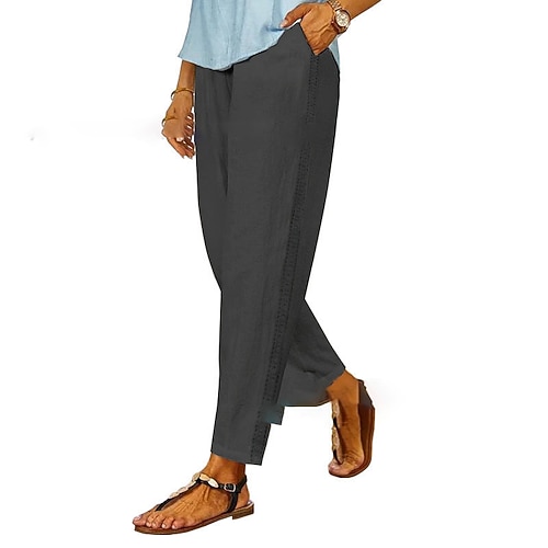 Damen Kunstbaumwollleinen Stoffhosen Lässig Volle Länge Natürliche Taille Einfach Tasche Elastischer Bund Bequem Außenbereich Ferien Ausgehen Kamel Schwarz Weiß Blau Sommer Normale Passform Image