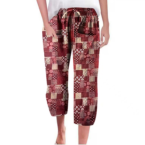 Damen Baumwoll Mischung Caprihose Stoffhosen Mode Streetwear Wadenlang Natürliche Taille Blume Tasche Drucken Elastisches Kordelzugdesign Bequem Außenbereich Urlaub Ausgehen Magenta Schwarz Blau Khaki Image