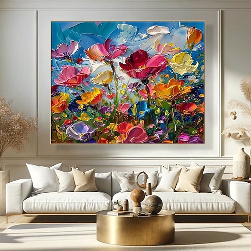 farbenfrohe florale Leinwandkunst, handgefertigtes, lebendiges Blumenölgemälde auf Leinwand, handgemaltes strukturiertes Acrylgemälde, pastoses, fröhliches Blumenkunst-Ölgemälde für Wohnzimmer, Image