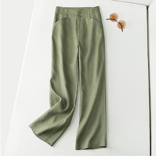 Damen Kunstbaumwollleinen Weites Bein Stoffhosen Streetwear Lässig Volle Länge Natürliche Taille Einfach Tasche Schnalle Bequem Straße Ausgehen Aprikose Schwarz Weiß Dunkelmarine Sommer Normale Image